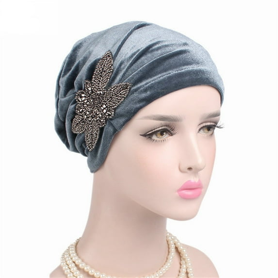 Clearance Sale! Luxury Velvet Turban for Women Soft Beaded Flower Head Wrap Elegant Chemo Hat Comfortable Stretchable Head Cover for Hair Loss Fashionable Ladies Headwear Gray