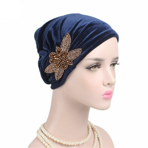 Clearance Sale! Luxury Velvet Turban for Women Soft Beaded Flower Head Wrap Elegant Chemo Hat Comfortable Stretchable Head Cover for Hair Loss Fashionable Ladies Headwear Navy