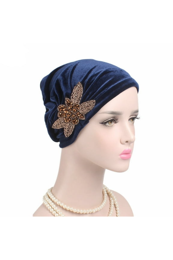 Clearance Sale! Luxury Velvet Turban for Women Soft Beaded Flower Head Wrap Elegant Chemo Hat Comfortable Stretchable Head Cover for Hair Loss Fashionable Ladies Headwear Navy