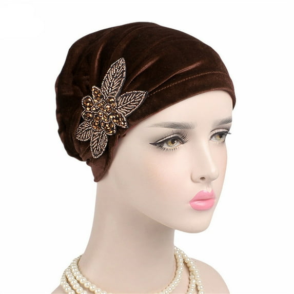 Clearance Sale! Luxury Velvet Turban for Women Soft Beaded Flower Head Wrap Elegant Chemo Hat Comfortable Stretchable Head Cover for Hair Loss Fashionable Ladies Headwear Coffee