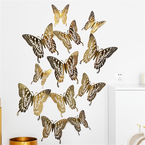 12PCS 3D Metal Texture Hollow Butterfly Wall Sticker