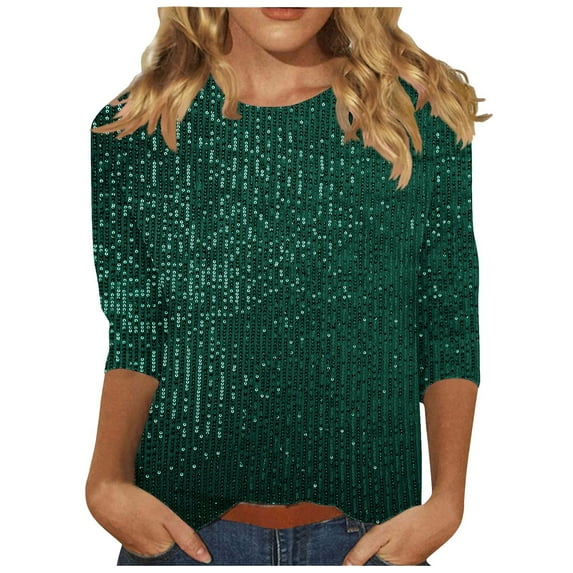 Miqool Women's Sequin Tops 3/4 Sleeve Crewneck Glitter Tunic Tops Sparkly Club Party Blouses Elegant Dressy Tops