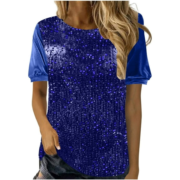 Miqool Women's Velvet Sequin Tops Short Sleeve Crewneck Sparkly Glitter T-Shirt Evening Party Club Sequin Tops Blouses
