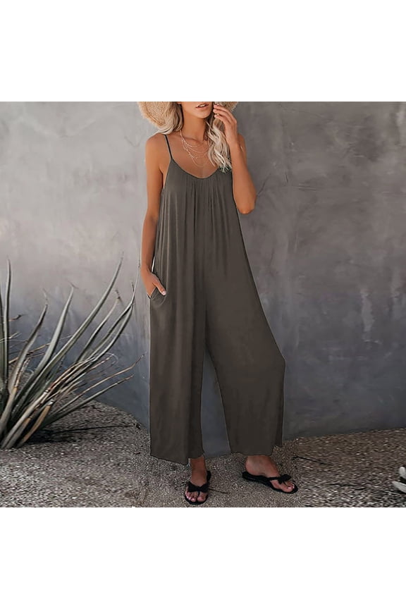Clearance Sale One Piece Jumpsuits for women V Neck Sleeveless Loose Fit overalls Spaghetti Strap Harem Long Pants with Pockets Dark Gray L