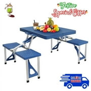 Clearance Sale! Outdoor Table and Chairs, One Piece Portable Folding Table and Chairs Plastic, Outside Furniture for Backyard Patio Garden Lawn Beach Camping Fishing Picnic, Blue