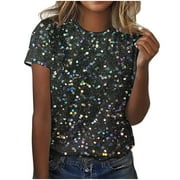 Clearance-Sale Plus Sequin Tops for Women Elegant Short Sleeve Fashion Party Sparkly Tops for Women Loose(Dark,5XL)