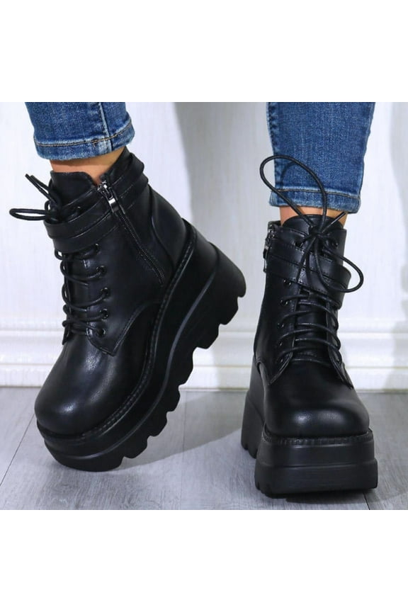 Women's Flatform Combat Boots Fashion Lace Leather Chunky Pump Ankle Booties Anti Slip Lace Up High Heels Riding Short Boots For Women Goth
