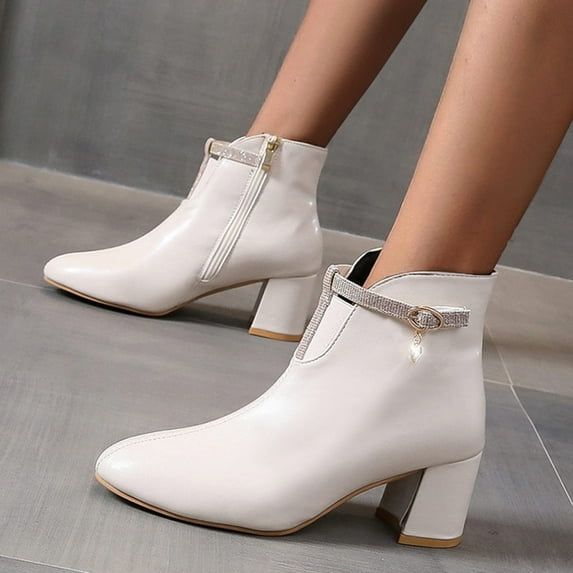 Clearance Sale Prime Juebong Womens Fashion Solid Boots Zipper Women Round Head Midheel Ankle Booties Shoes