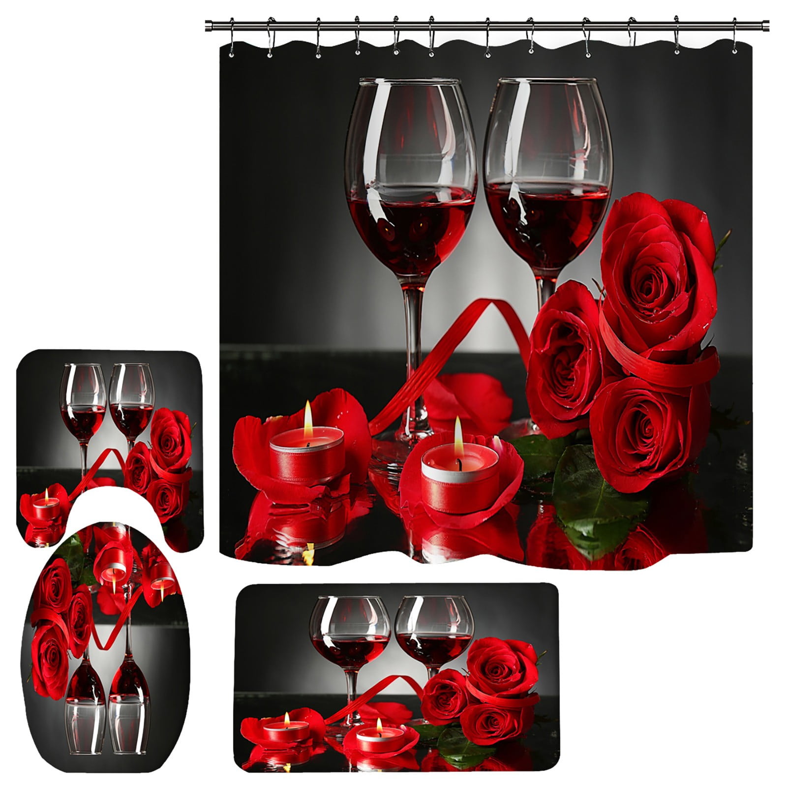 Red Rose Flowers Glass Pattern Shower Curtain And Rug Sets Bathroom