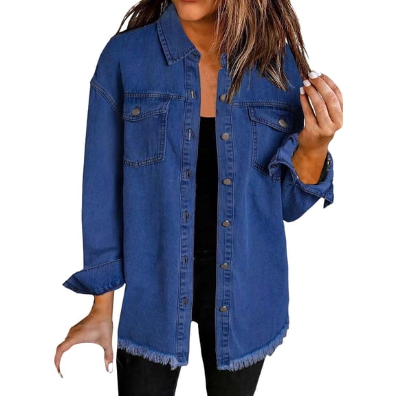 Clearance Sale! Rigardu Washed Denim Shirt Jacket Fashion Casual Hem Women's Jacket Blue L