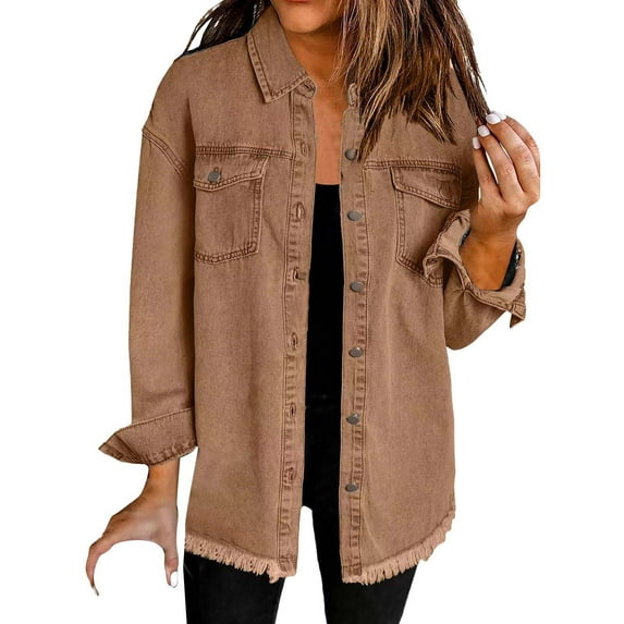 Clearance Sale! Rigardu Washed Denim Shirt Jacket Fashion Casual Hem Women's Jacket Brown S