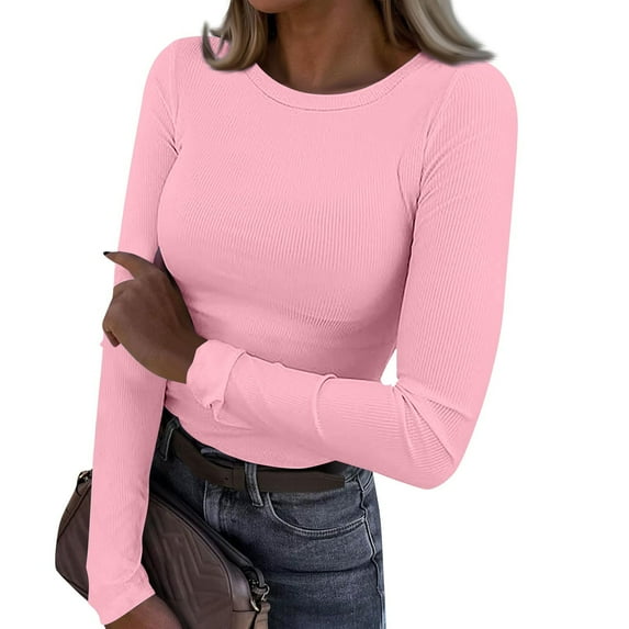 Clearance Sale! Rigardu Women's Spring and Summer Pure Color Stripes High Elastic Long Sleeved Undershirt Top Pink S