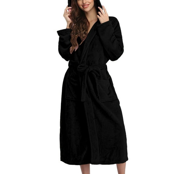 Clearance Sale! Robes for Women Womens Robe Women Hooded Bathrobe Lightweight Soft Plush Long Flannel Sleepwear Hooded Bathrobe Plush Long Warm Robe Black L
