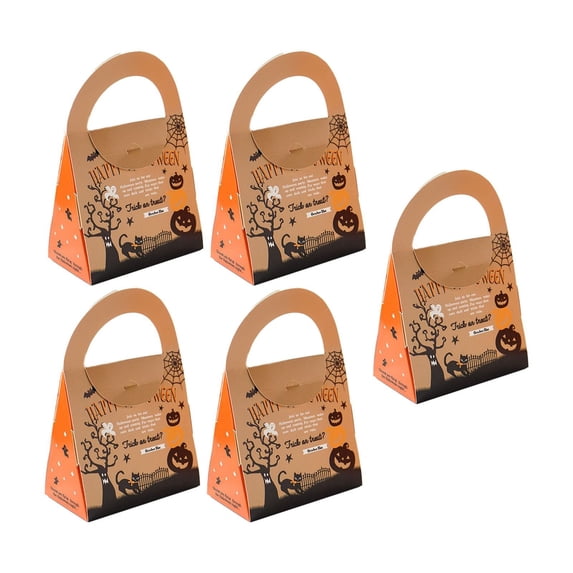Clearance Sale | Set of 5 Halloween Triangular Candy Gift Bags with Handles, Pumpkin and Spiderweb Designs for Party Favors