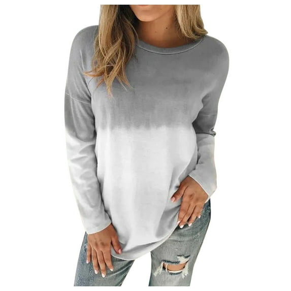 Clearance-Sale Shirts for Women Fashion Workout Tops for Women Plus Pullover Round Neck Long Sleeve Womens Tops Trendy Gradient Printing Loose Softy Tops Weekly-Deals(Gray,4XL)