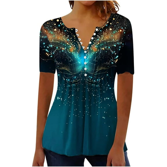 Short Sleeve Summer Shirts for Women V Neck Tops with Buttons Fashion Floral Print Blouse Tees Casual T Shirt Top