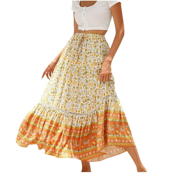 Skirts for Women Printing Patchwork Skirt Floral Edge Midi Fit And Flare Y2K Fashion Elegant Vintage Party Club Holiday Vacation Beach Seaside Bohemian Homecoming A-Line Swing Hem Skirt