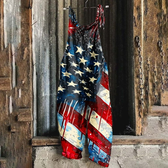 Sleeveless Jumpsuits for Women Independence Day Print Casual Summer Tank Rompers Wide Leg Pants Overall Jumpers with Pockets Red D XXL