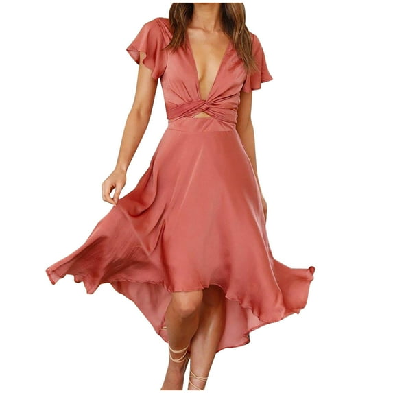 Spring Dresses Cocktail Women Summer Casual Short Sleeve V-Neck Solid Dresses Slim Dress Dinner Guest Short Sleeve V-Neck Solid Color Casual Slim Fit Dress