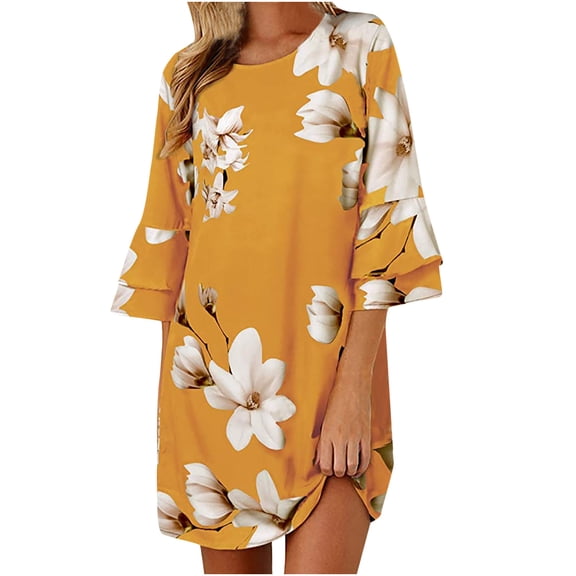 Spring Dresses For Women 2023 Cocktail Women Loose Summer Fashion Flare Sleeve O-Neck Printing Mini Dress Dinner Guest Half Sleeve Round Neck Floral Pattern Loose Fit Mini Dress
