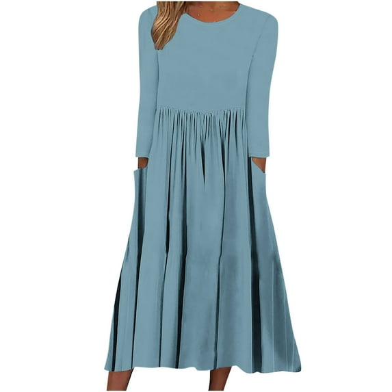 Clearance-Sale Summer Dresses for Women 2023 Long Sleeve Solid Color Dress Round Neck Midi Fit And Flare Daily Casual Elegant Holiday Vacation Homecoming A-Line Swing Hem Ruched Dress with Pocket