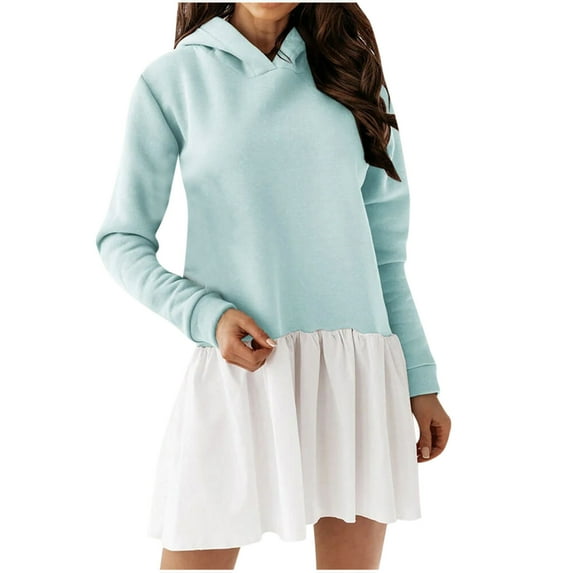 Summer Dresses for Women 2023 Long Sleeve Solid Color Patchwork Dress V-Neck Midi Fit And Flare Y2K Fashion Elegant Party Club Hooded Homecoming A-Line Swing Hem Blouse Top Ruched Dress