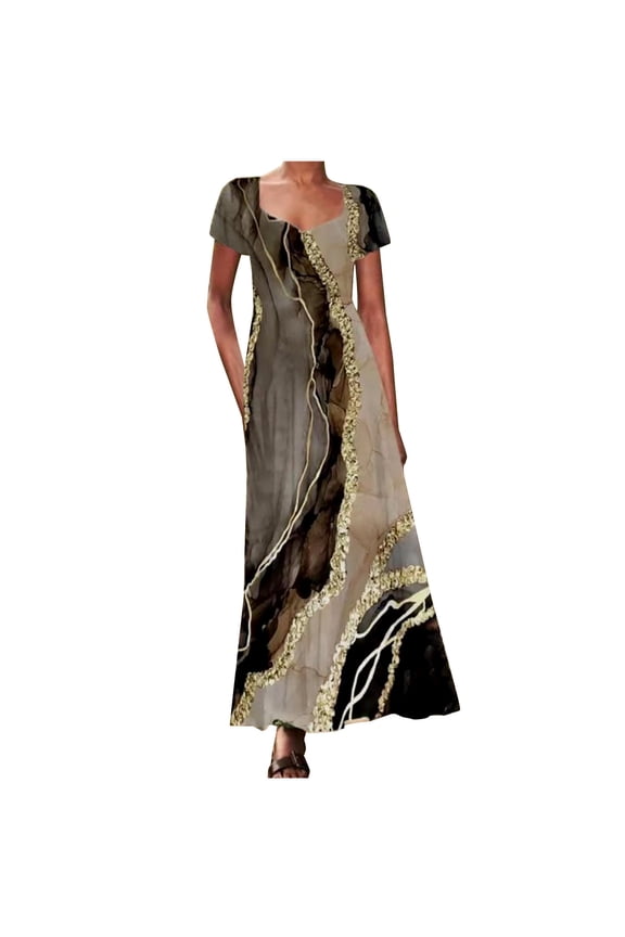 Summer Dresses for Women 2023 Short Sleeve Printing Floral Pattern Dress Round Neck Midi Fit And Flare Y2K Fashion Retro Vintage Homecoming A-Line Swing Hem Ruched Dress with Pocket