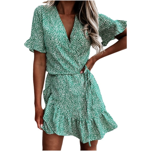 Summer Dresses for Women 2023 Short Sleeve Printing Floral Pattern Lace Dress V-Neck Ruffle Midi Fit And Flare Fashion Trendy Elegant Party Club Homecoming A-Line Swing Hem Ruched Dress