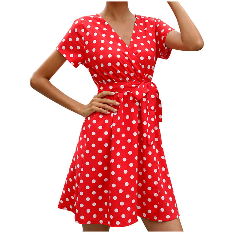 Clearance-Sale Summer Dresses for Women 2023 Short Sleeve Printing Polka  Dot Dress V-Neck Ruffle Midi Fit And Flare Y2K Trendy Elegant Party Club  Beach Seaside Homecoming A-Line Swing Hem Ruched Dress 
