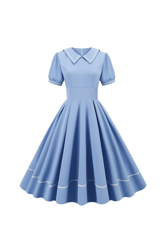 Summer Dresses for Women 2023 Short Sleeve Solid Color Dress Lapel Collar Floral Edge Midi Fit And Flare Y2K Fashion Elegant Vintage Party Club Homecoming A-Line Swing Hem Ruched Dress