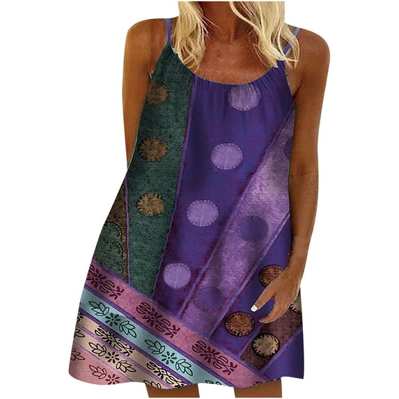 Summer Dresses for Women 2023 Sleeveless Printing Patchwork Dress Round Neck Maxi Loose Fit Y2K Fashion Elegant Party Club Beach Seaside Homecoming A-Line Swing Hem Vest Sling Dress