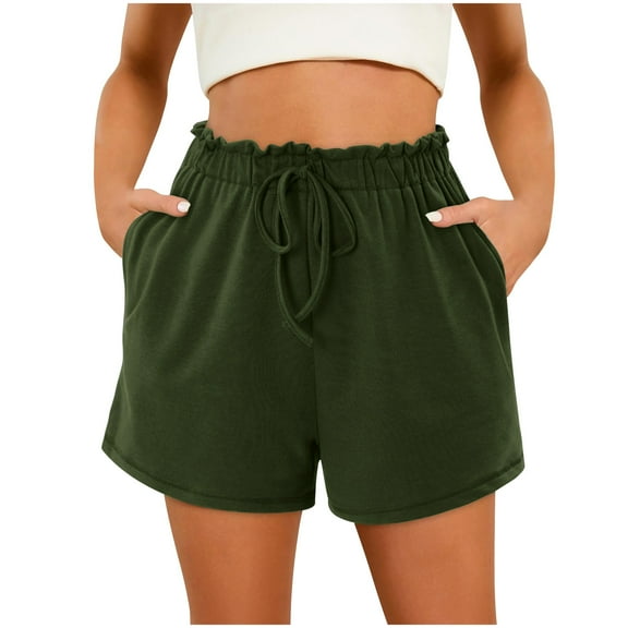 Summer Shorts for Women 2025 Trendy Solid Color Wide Leg Shorts Elastic High Waisted Shorts Drawstring Shorts with Pockets