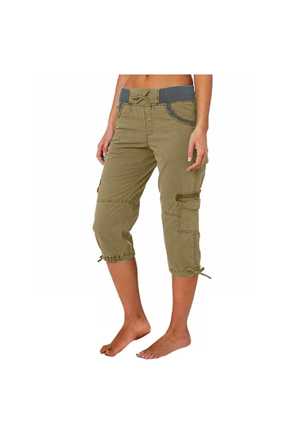 Clearance Sale! Summer Women Cotton Linen Cargo Capris pants with Multi Pocket Outdoor Casual Sports Cropped Trouser Pants Loose Fit XXXL Size Green