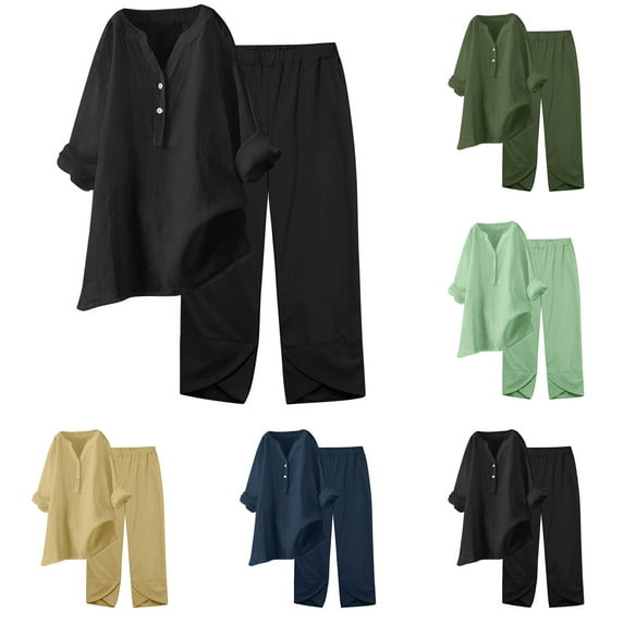 Clearance-Sale Sweatsuits 2Pcs Sets Womens ZVAVZ Lady Cotton Linen Outfits Buttons Long Sleeve Shirt Casual Loose Pants Tracksuit Casual Pants 2 Piece Set