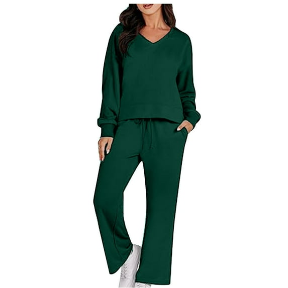 Clearance-Sale Two Piece Sets for Women Casual Womens Fall Fashion 2023 Solid Color Long Sleeve Workout Tshirts Trendy V-Neck Sweatshirt Full Length Drawstring Comfy Sweatpants（Green,2XL）