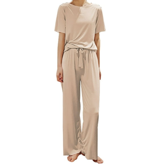 Uooqdmx Lounge Sets for Women Womens Pajama Sets Pajamas 2 Short Sleeve Top and Long Pants Sets Sleepwear Loungewear Soft Pajamas Beige L
