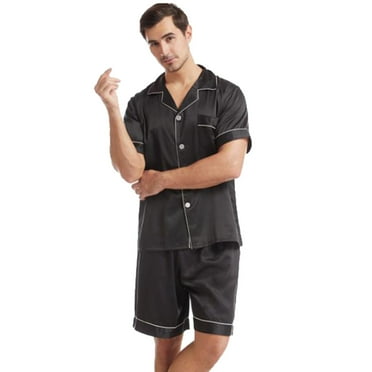 Clearance Sale!Uooqdmx Mens Pajamas Set Lounge Sets for Men Plain Satin Sleepwear Soft Smooth Short Sleeve Short Pant Sleepwear Man with Pockets Two Pajamas Soft Pajamas Black L