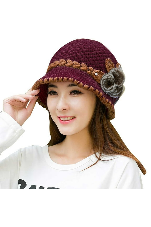 Trucker Hat, Beanie for Women Flowers Decorated Crochet Hat Knitted Ears Winter Lady Warm Baseball Caps Winter Hats for Women, Hats for Women Hot Pink One Size