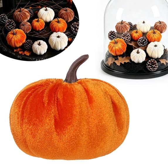 Clearance Sale! Velvet Pumpkin Set of 4, 10cm Fall Artificial Pumpkins in Orange, Farmhouse Table Centerpiece for Thanksgiving Halloween Decor