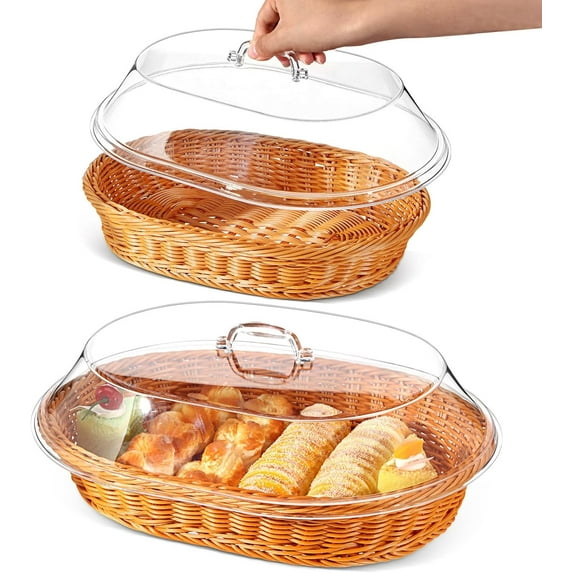 Clearance Sale!Wicker Basket with Acrylic Lid Wicker Basket with Acrylic Cover Wicker Basket with Lid for Food Wicker Bread Basket Woven Bread Picnic Basket Wicker Bread Basket for Serving
