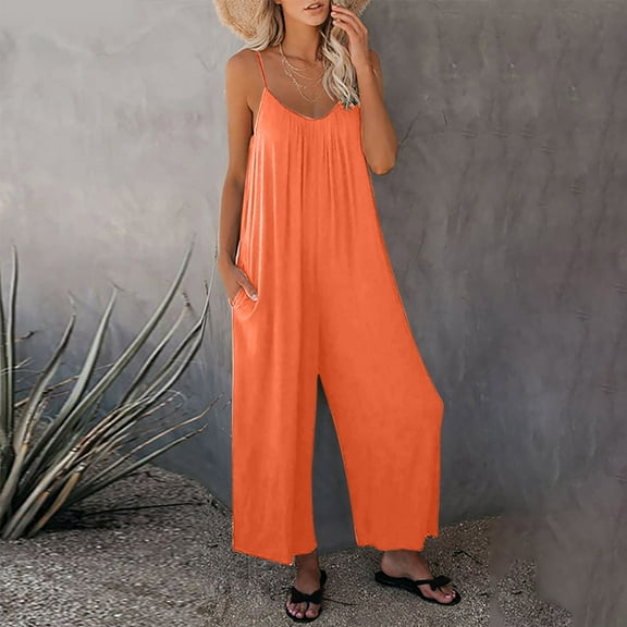 Wide Leg Jumpsuits for Women Casual Solid Color Romper Spaghetti Strap Loose Fit Jumpsuit Summer Rompers with Pockets Today