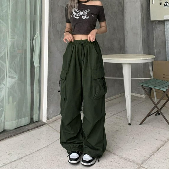 Clearance Sale! Women Cargo Pants Baggy Y2K Clothing Multi Pockets High Waist Loose Straight Leg Pants Vintage Grunge Aesthetic Clothes Baggy Fit Cargo Pants with Pockets Green Xxl