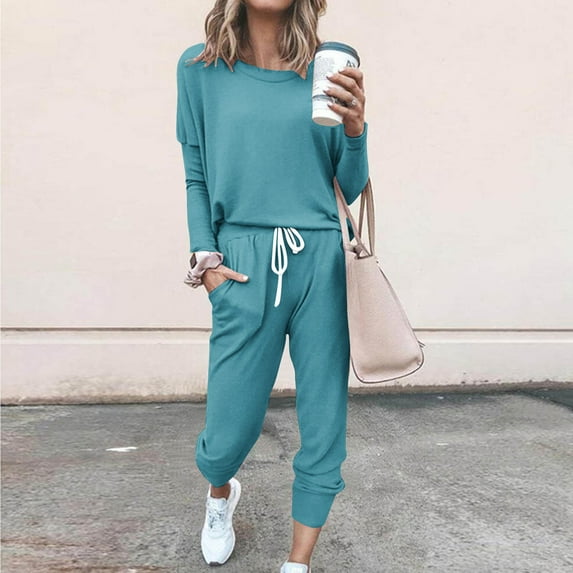 Clearance Sale Women Casual 2 Piece Outfit Sweatsuits Tracksuits,2024 Solid Two Piece Outfits Long Sleeve Round Neck Tops and Long Pants Tracksuit Joggers Sweatsuit