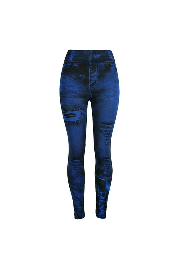 Clearance Sale! Women Denim Print Leggings Fake Jeans Seamless Full Length Tights High Waist Jeggings Workout Sport Yoga Pants Dark Blue L