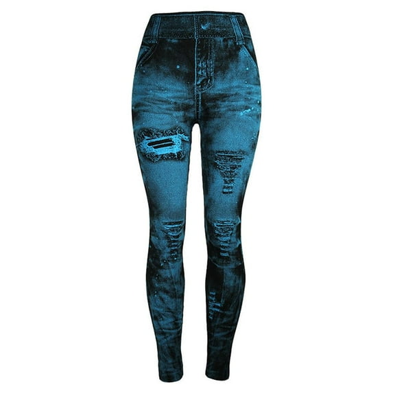 Clearance Sale! Women Denim Print Leggings Fake Jeans Seamless Full Length Tights High Waist Jeggings Workout Sport Yoga Pants Light Blue S