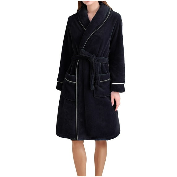 Clearance Sale Women Fleece Robe With Waistband, Lightweight Plush Warm Winter Bathrobes for Women Full Length Black XXXL