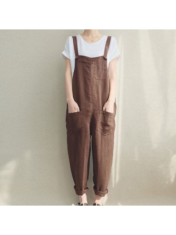 Women Long Casual Loose Bib Pants Overalls Baggy Rompers Jumpsuits with Pockets Brown XXXL