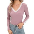 thumbnail image 1 of Clearance-Sale Women Summer Tops 2023 Long Sleeve Deep V-Neck Casual Blouses for Women Lace Patchwork Slim Fit Comfy Lightweight Daily Shirts for Women Weekly-Deals（Pink,2XL）, 1 of 5