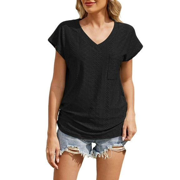 Women V Neck Pocket Short Sleeve Loose Fit Breathable Casual Tee Top XL Size Black