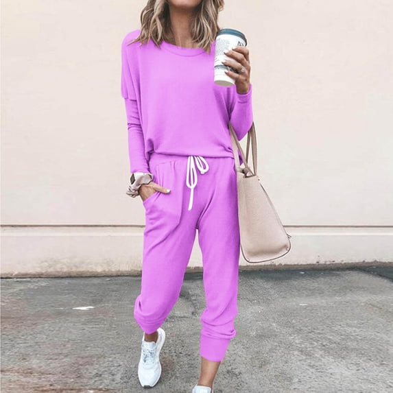 Clearance Sale Women's 2024 Two Piece Outfit Solid Color Long Sleeve Crewneck Tops with Drawstring Long Pants Tracksuit Jogger Set,Womens Lounge Set Workout Sweatsuits 2 Pieces